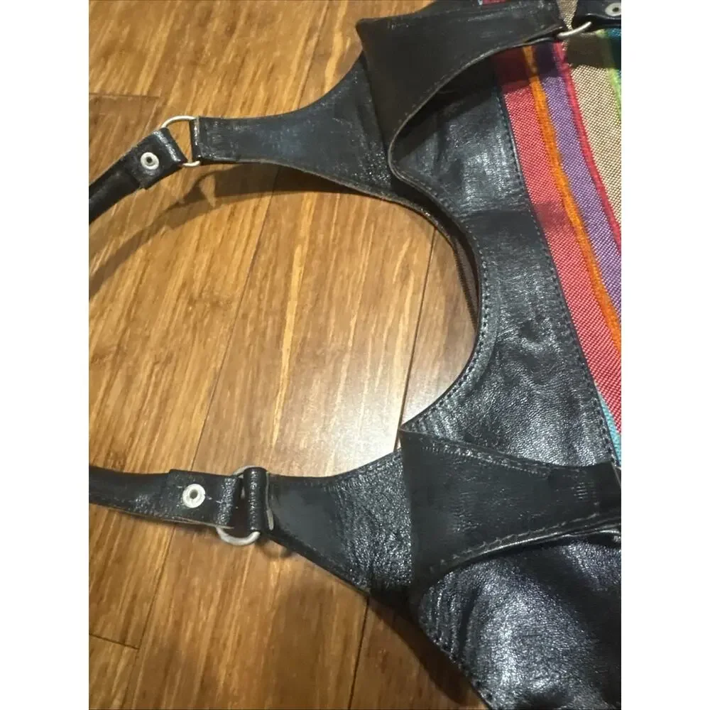 Moroccan Black Leather & Woven Handmade Multicolored Material 15” Purse Handbag